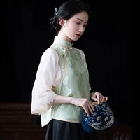 cheongsam womens plus size tops 2022 summer satin lace prints splicing cheongsam stand collar chinese qipao retro shirts woman
