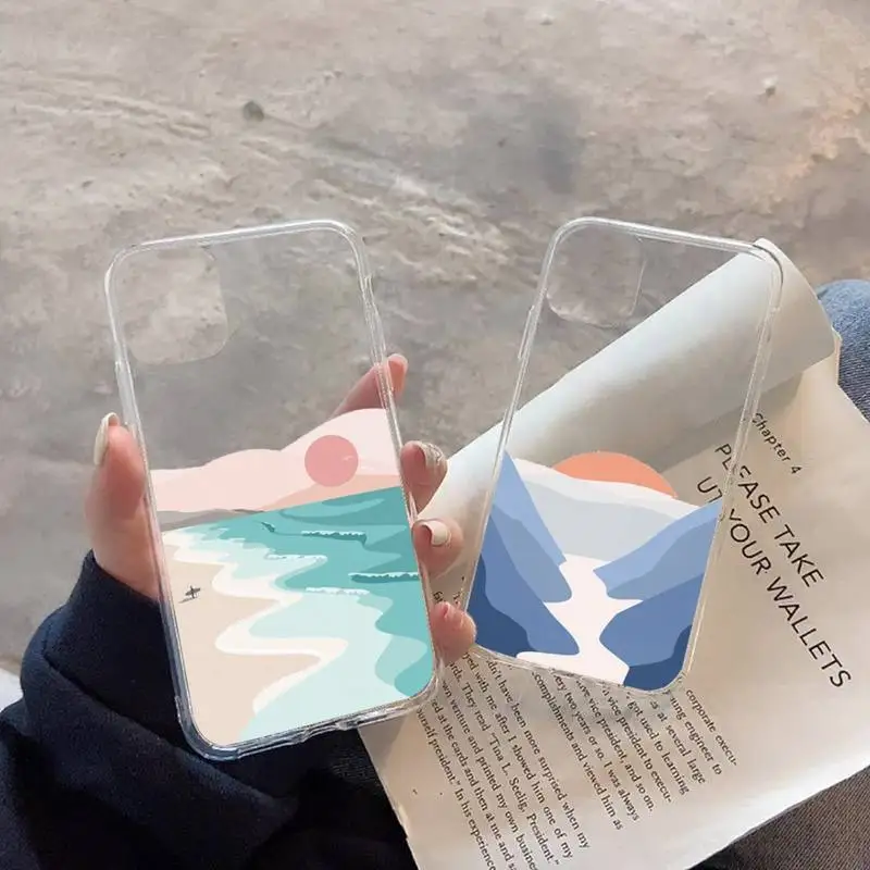 

Geometric sunrise sea art minimalist painting Phone Case Transparent soft For iphone 12 11 13 7 8 6 s plus x xs xr pro max mini