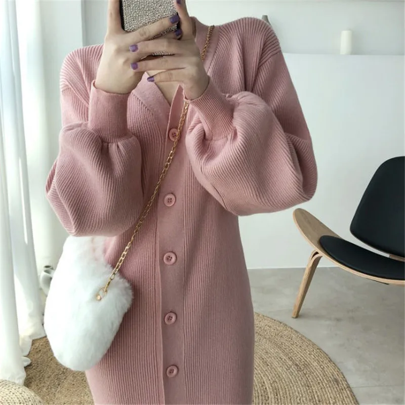 

V-neck Lantern Sleeves Thick Sweater Fur Ladies Elegant Loose Mini Dress Women Fashion Straight Dress 2021 Autumn and Winter