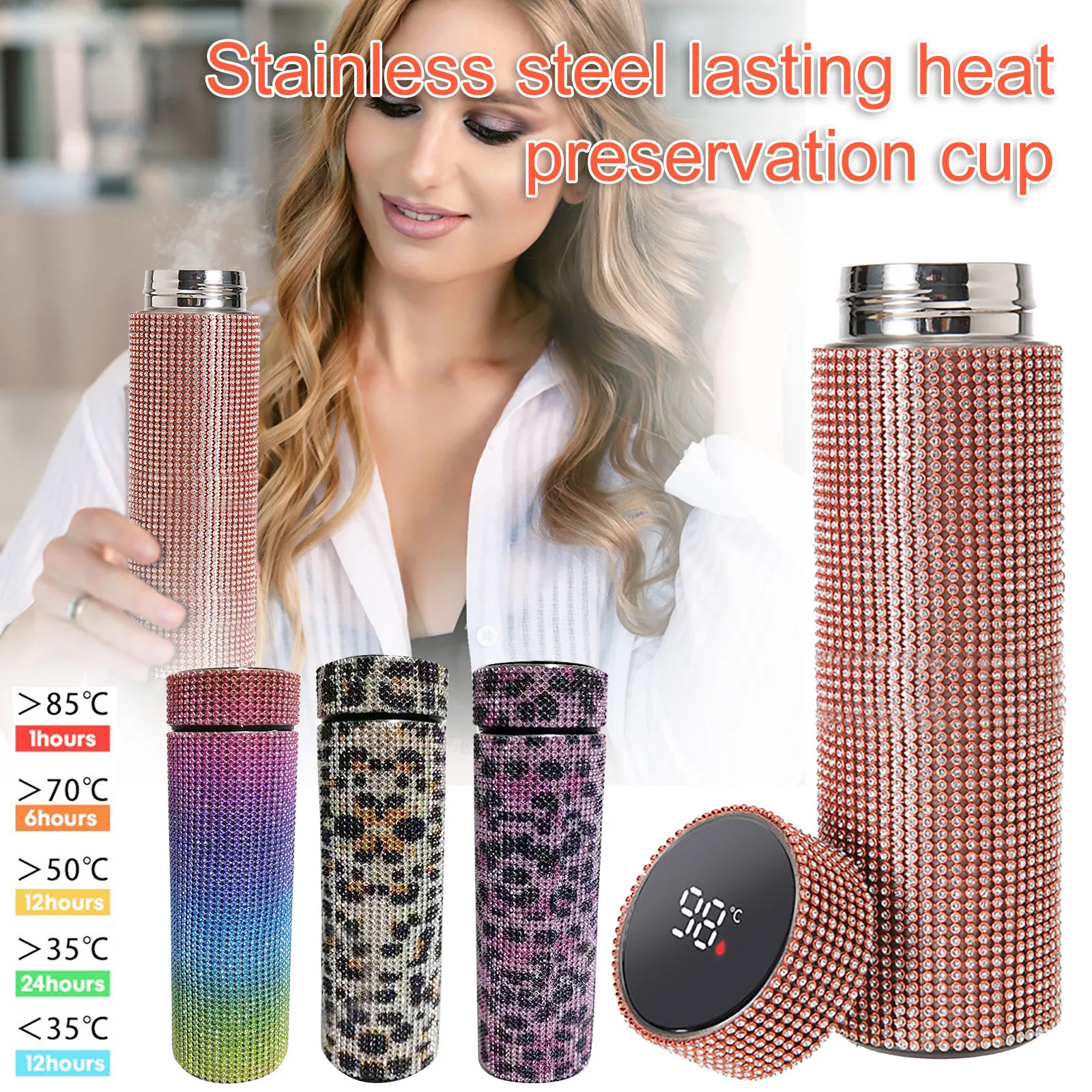 Diamond Thermo Bottle 500ml Water Bottle Stainless Steel Smart Vacuum Flask 1x Gradient Fashionable Water Bottle Botellas
