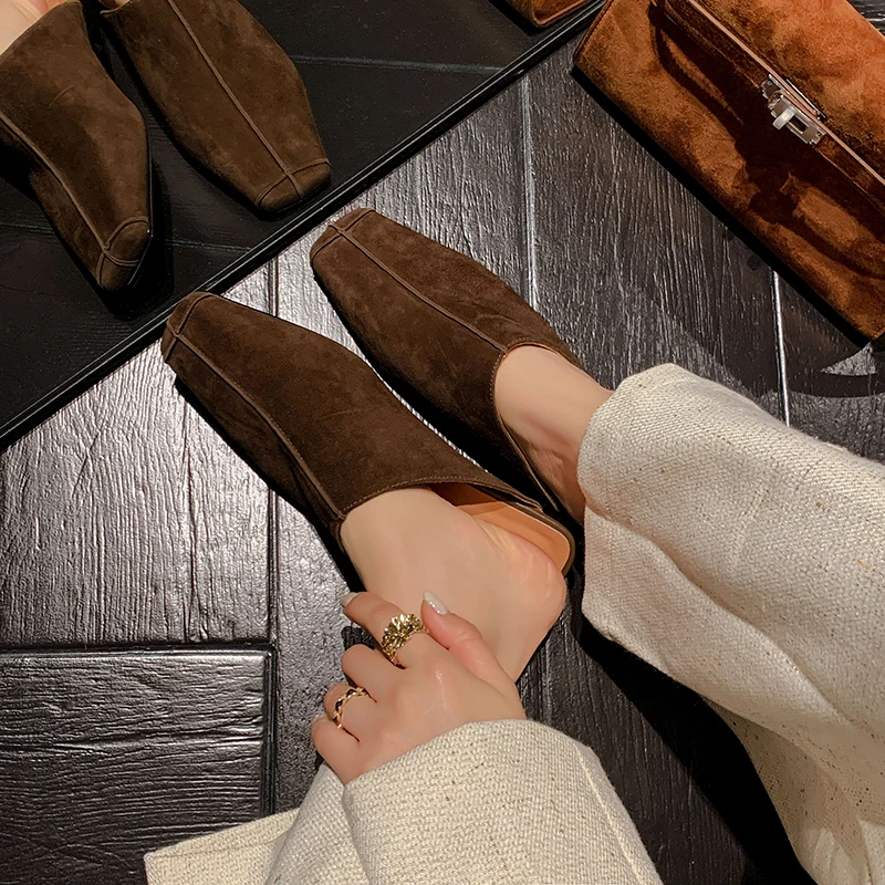 Новинка 2023 года детские замшевые тапочки на низком каблуке женские повседневные