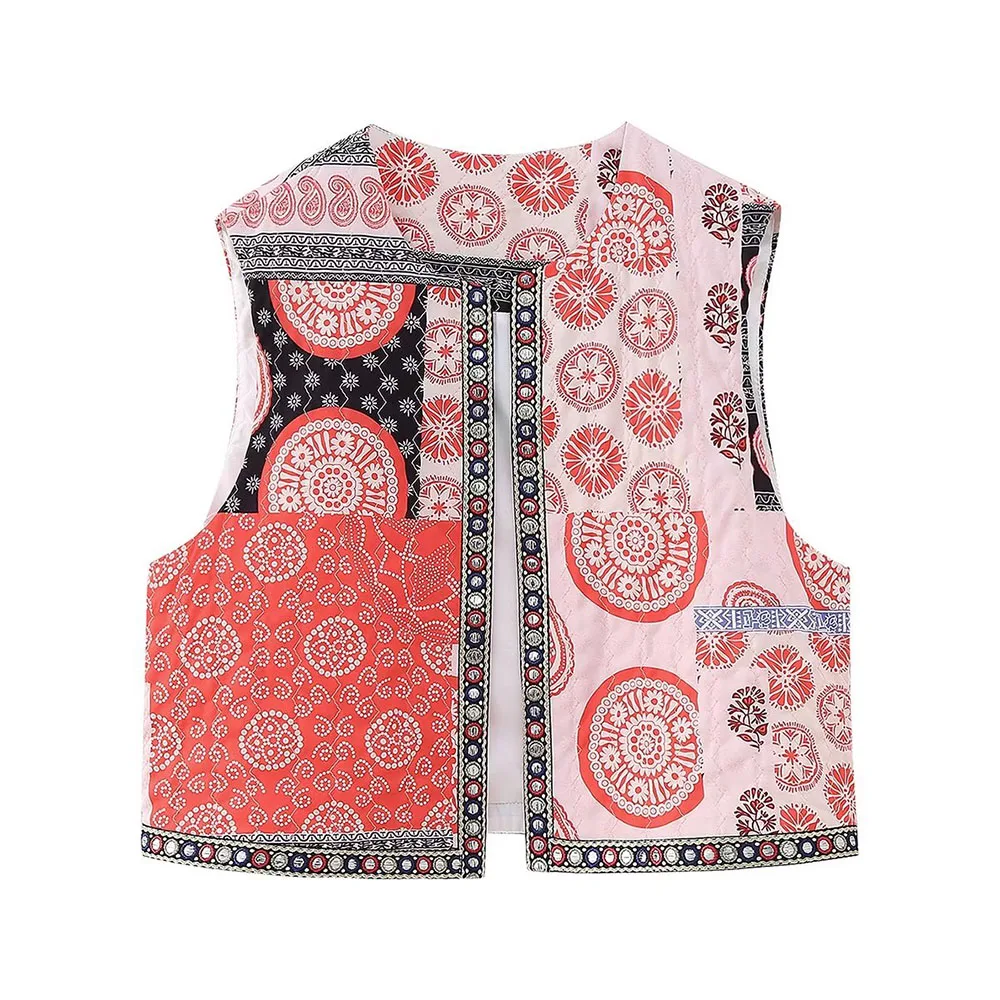 

Early autumn new fashion women's retro casual all-match round neck sleeveless printed quilted cotton vest