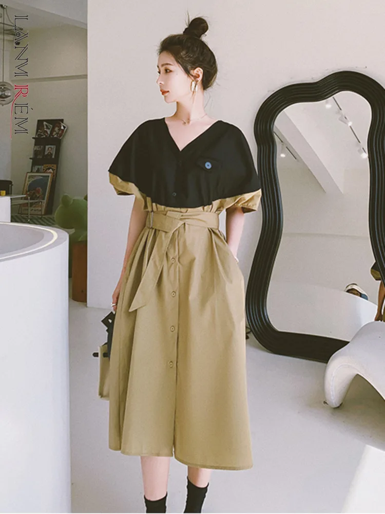 

LANMREM Korean Belt Dress For Women V-neck Single Breasted Puff Sleeves Contrast Color Dresses Fashion Clothing 2023 2XZ180