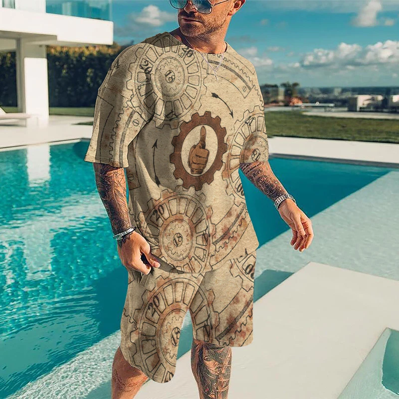 Summer men's casual street beach shorts set 3D printing color light color round neck street retro short sleeve two-piece set