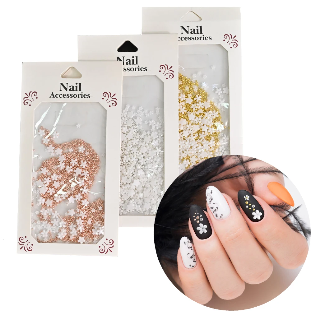 

1bag Small Flower Nail Art Decoration Jewelry Acrylic White Flower With Mixed Rose Gold Silver Metal Beads DIY Nail Art Charms