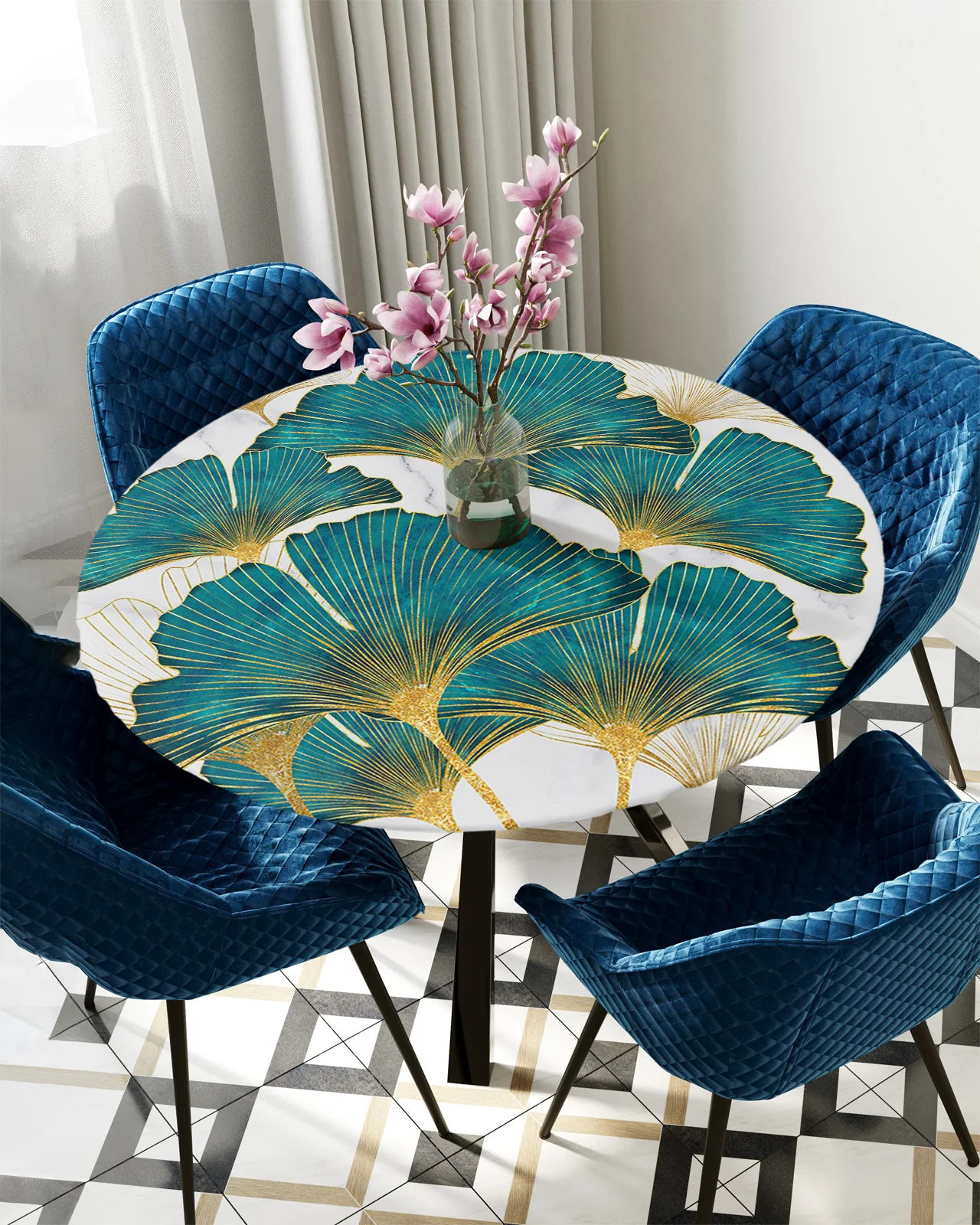 

Ginkgo Biloba Marble Texture Round Rectangular Table Cover Waterproof Elastic Tablecloth For Kitchen Table Cloth Home Decoration
