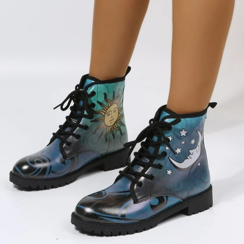 

2022 Winter Women Boots Fashion High-top Women's Shoes Platform Boots Lace Up Round Toe Mid-heel Women's Boots Sun Moon Pattern