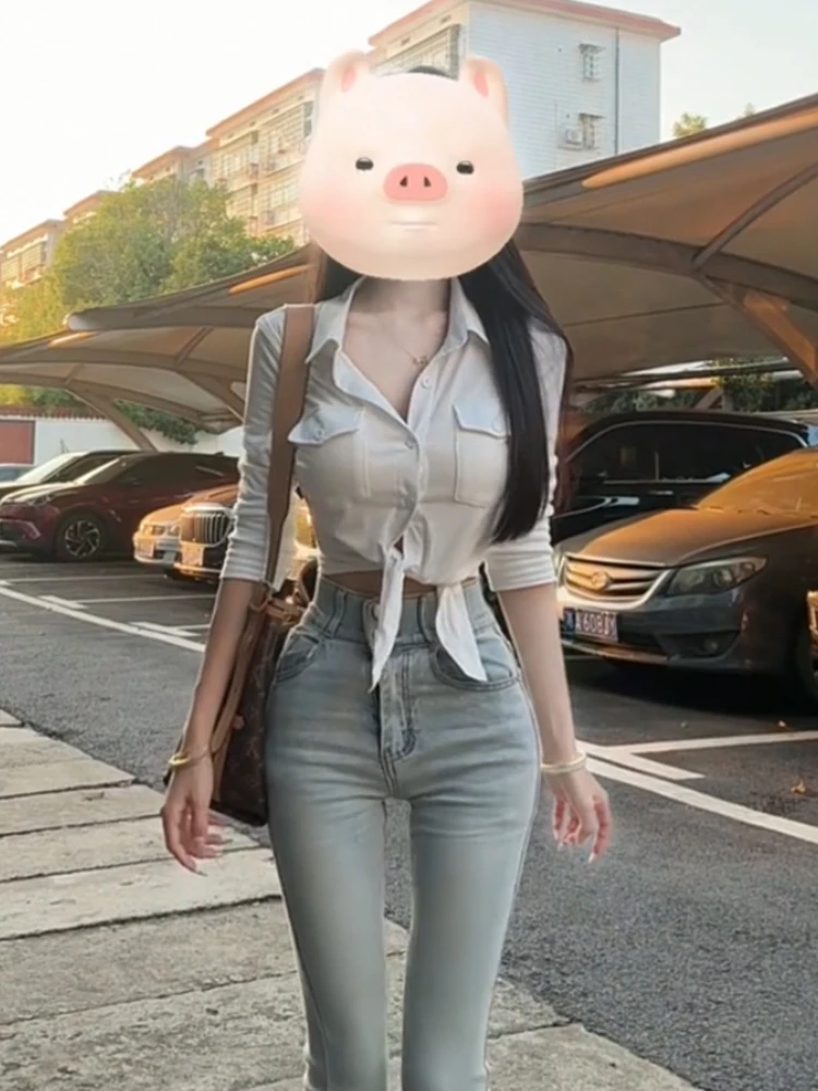 Sexy Pure Desire Lapel High Sense Long sleeve Shirts Women Autumn and Winter New Slim fit Slimming Gyaru Inner wear Base Top