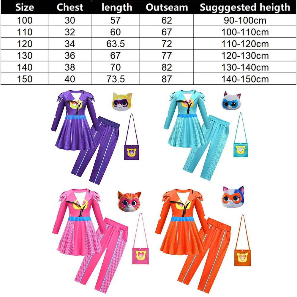 NEW SuperKitties Cosplay Costume Children Girls Super Kitties Anime Clothes Dress+mask Set Kids Carnival Halloween Birthday Gift