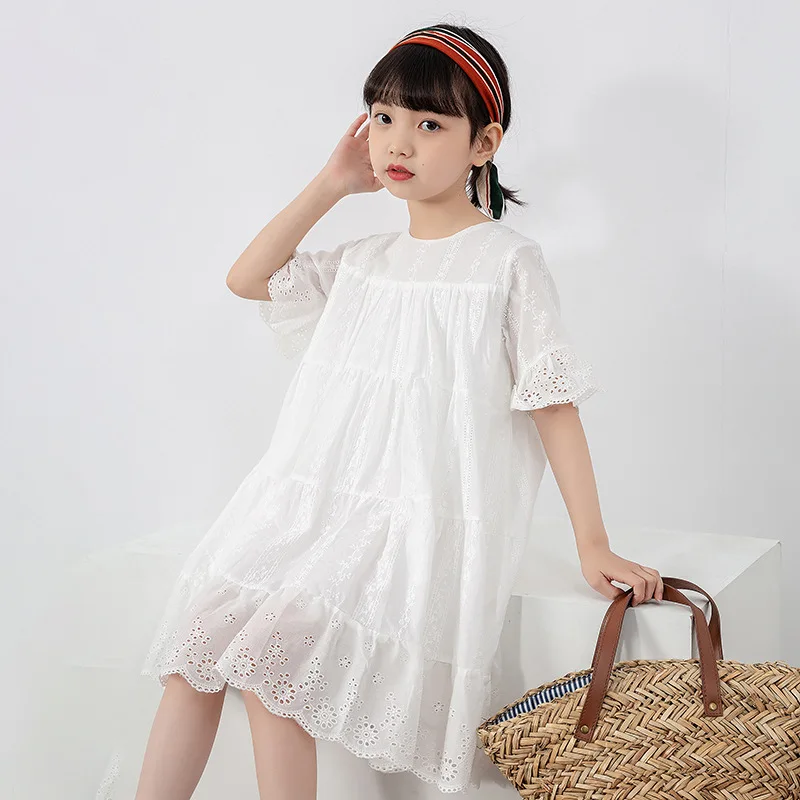 

MODX Girls Casual Dress 2023 Summer White Short Sleeve Princess Dress New Children Cotton Loose Clothing, #7297