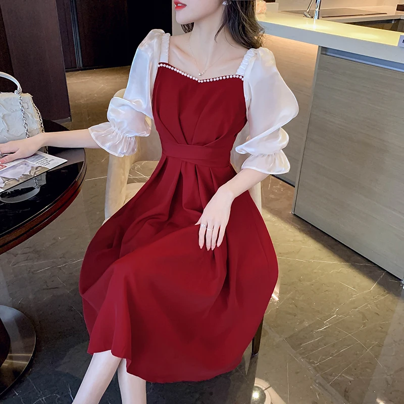 

Women Patchwork Puff Sleeve Beading Sqaure Collar Sexy Midi 2023 Summer Black Korean Vintage Casual Party Wedding Dress