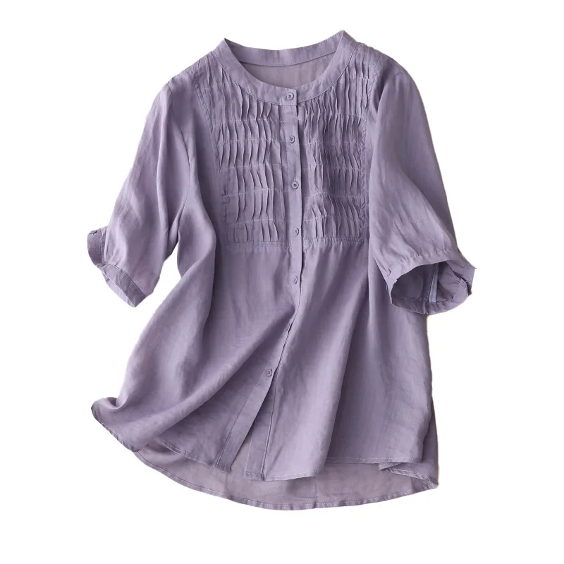 

Cotton and linen shirt with pleated design, round neck, 2023 summer new shirt, solid color, and elegant top for women