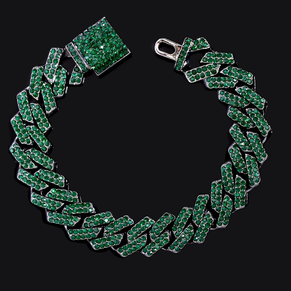 Hip Hop Bling Green Iced Out Prong Cuban Chain Bracelets for Men Women 14MM Pave Rhinestones Cuban Link Bracelet Fashion Jewelry