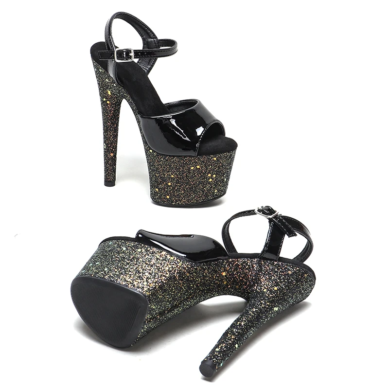 Leecabe  17cm/7inches  Patent PU upper  glitter platform style high heel sandals sexy model shoes pole dance shoes