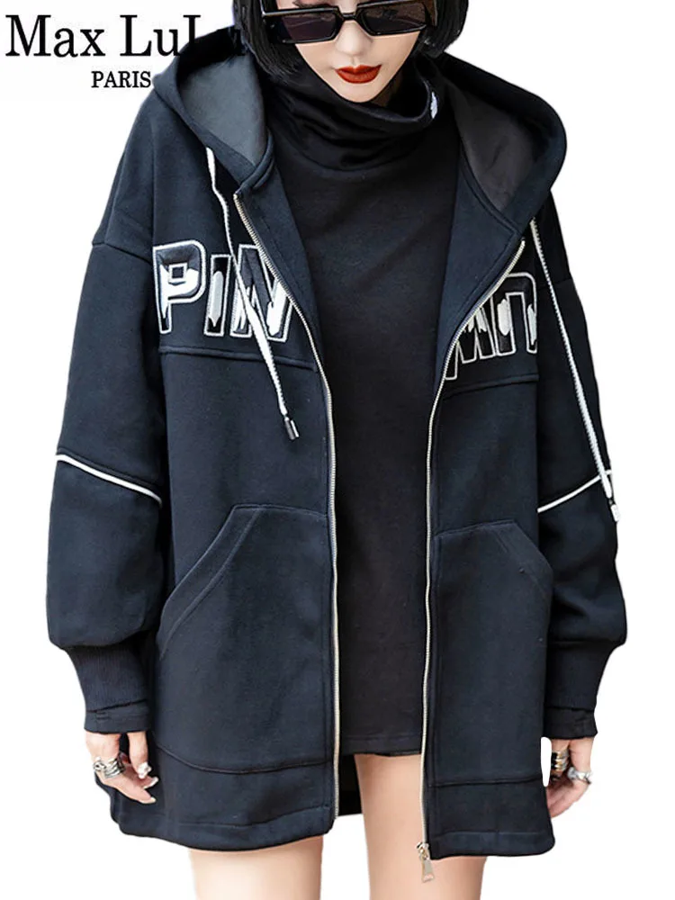 

Max LuLu 2022 Korean Fall Fashion Long Outerwear Womens Loose Embroidery Hooded Jackets Ladies Casual Punk Coats Vintage Clothes