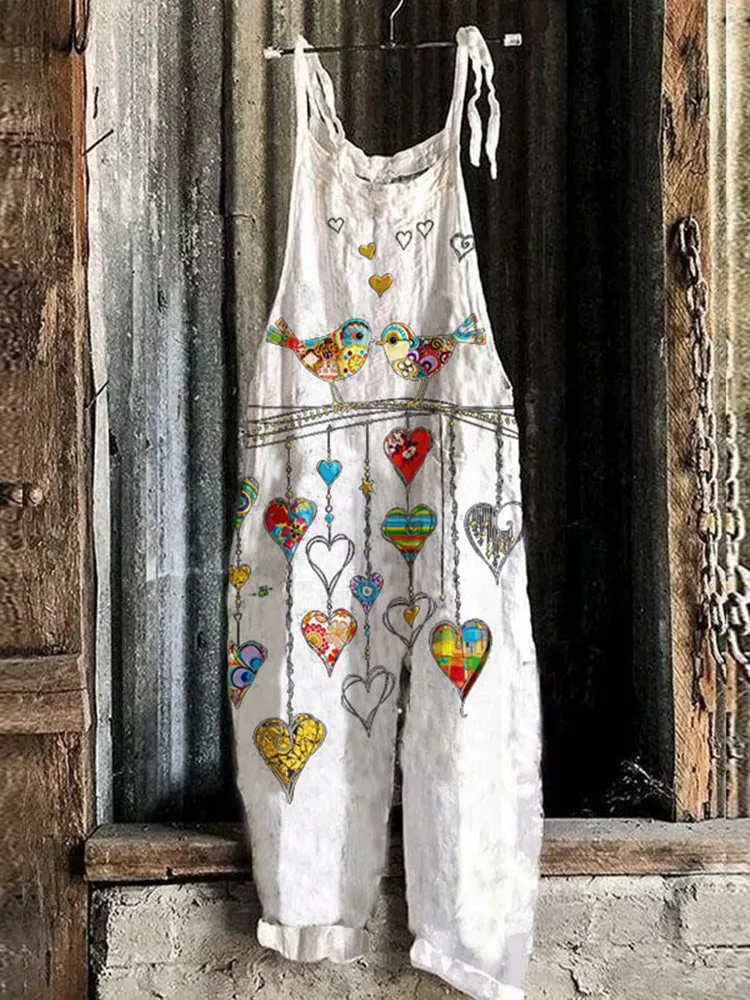 Женский свободный комбинезон без рукавов с квадратным вырезом и принтом листьев