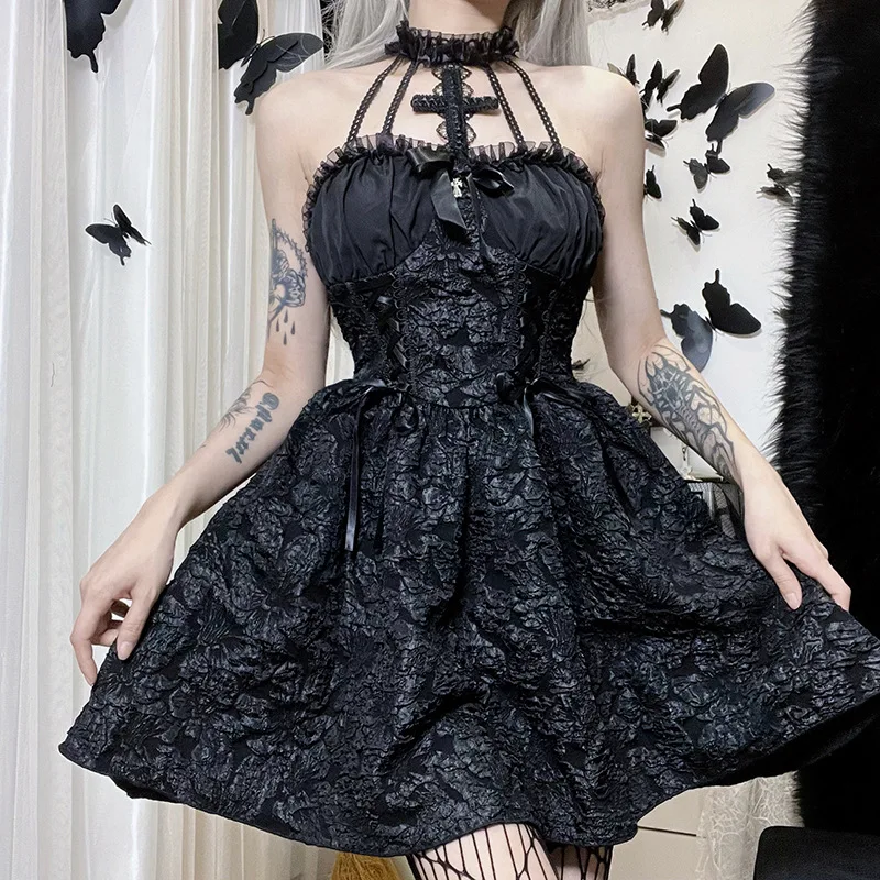 Dark Goth Mall Gothic Emo Jacquard A-line Dresses Elegant Grunge Ruched Bandage Partywear Punk Black Women Halloween Club Dress