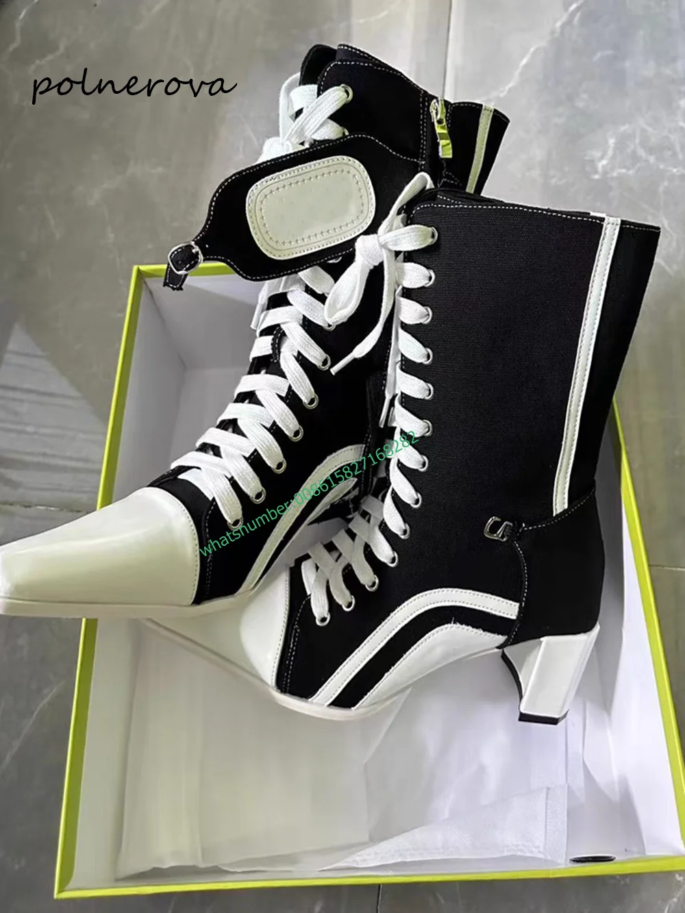 Женские парусиновые полусапожки на шнуровке размер 35 - 43 цвет черный/белый