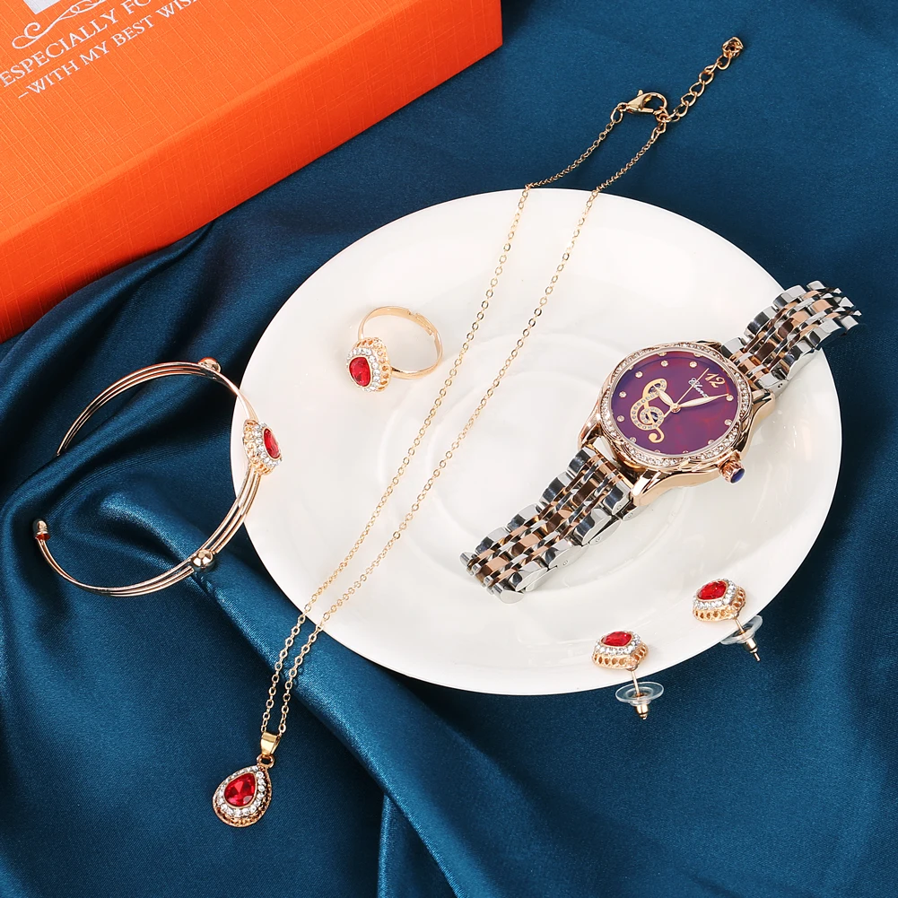 Luxury Women's Watch Bracelet Jewelries Box Set Quartz Stainless Steel Ladies Wristwatch Fashion Jewelry Present Case Female