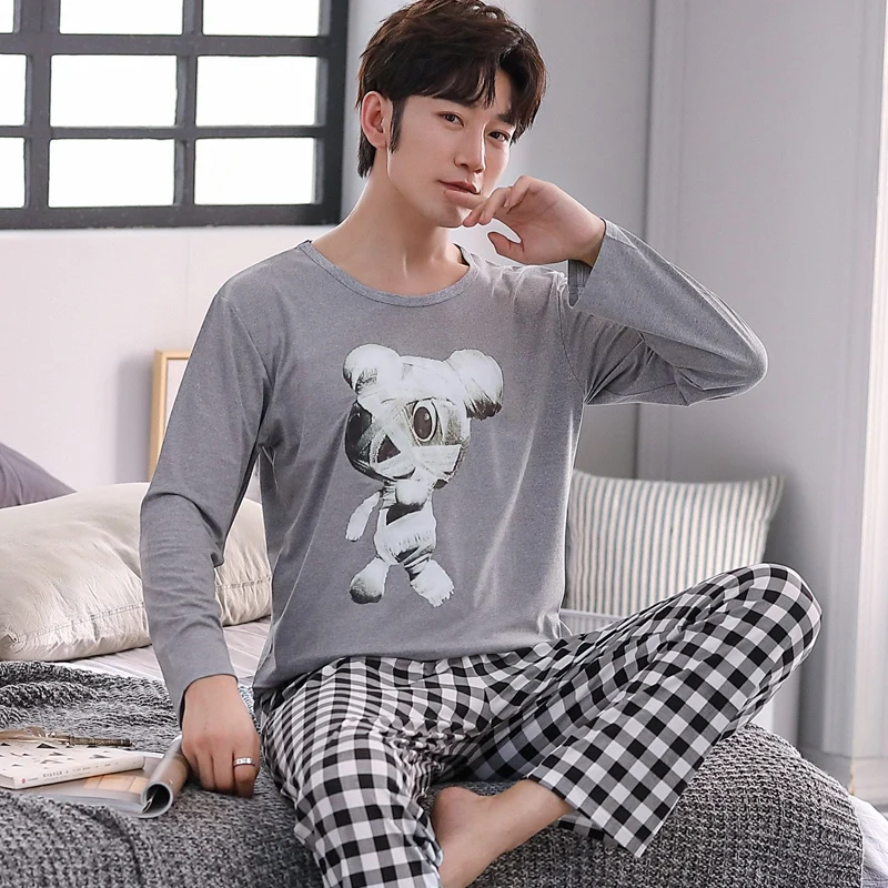 2022 New Autumn Long Sleeve Cotton Thin Pajama Sets for Men Korean Cute Cartoon Sleepwear Suit Pyjama Male Homewear Home Clothes