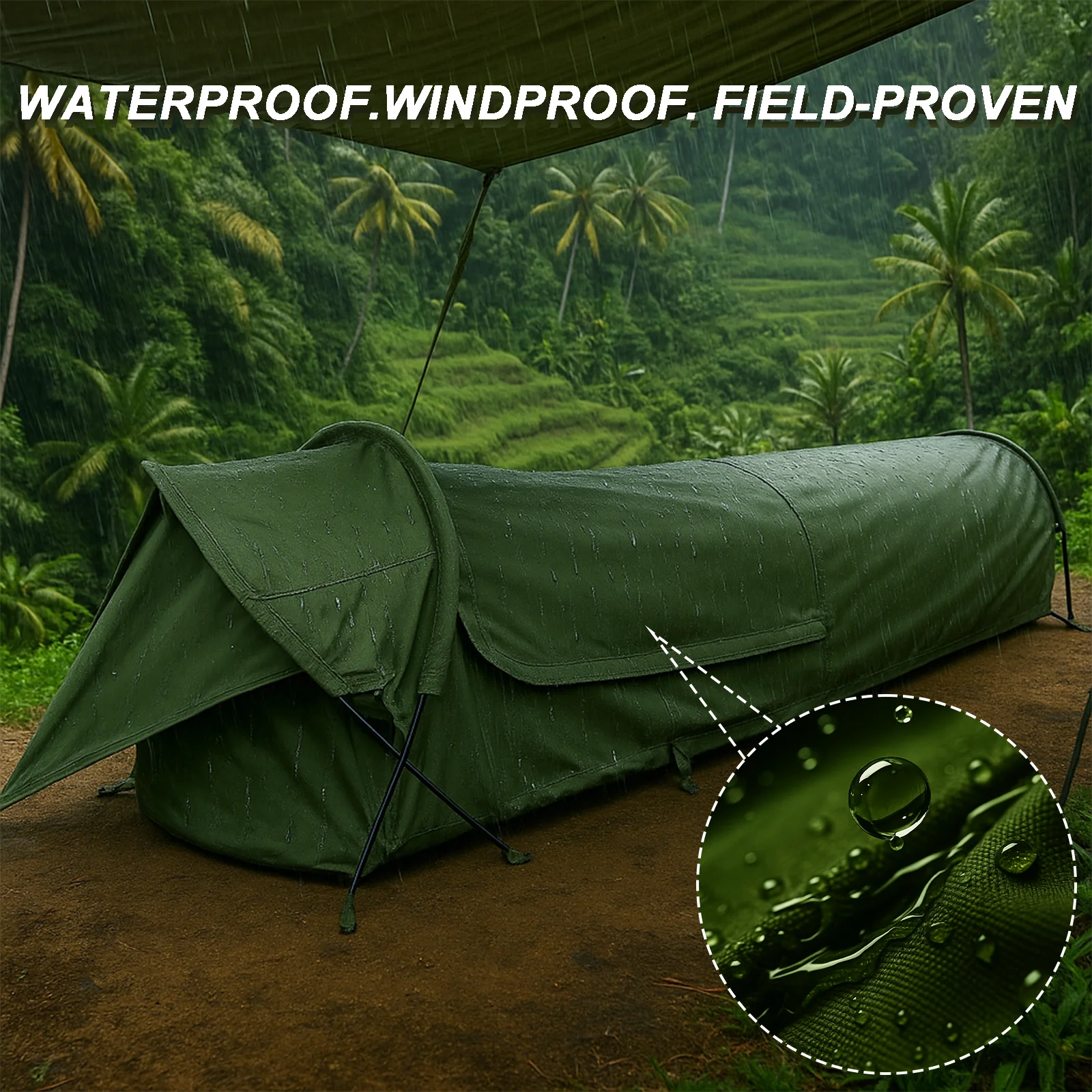 Фото Тактовое укрытие, палатка Bivy для одного человека, компактная водонепроницаемая спальная система оливкового краба с сеткой от насекомых и Windows из ТПУ №1