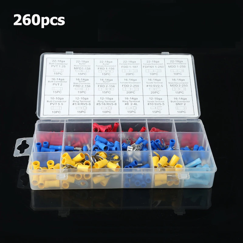 

260pcs/box Pre-insulated Terminals Kit Insulated Electrical Connectors Terminals 18 Different Models Sizes