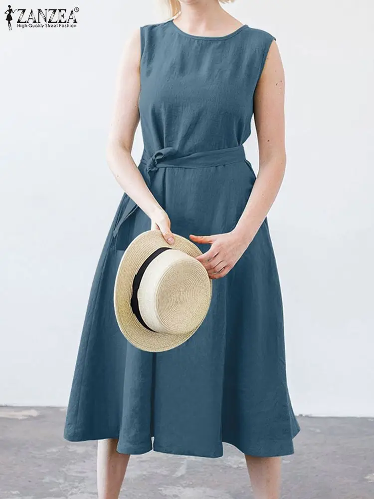 

Женское хлопковое платье без рукавов, однотонное повседневное Пляжное Платье До Колена с круглым вырезом и поясом, лето 2022