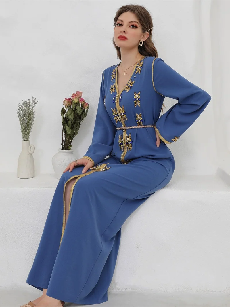 Eid Abaya Dubai Handmade Diamond Beading Muslim Dress Islam Ramadan Abayas for Women Kaftan Robe Longue Vetement Femme Musulman