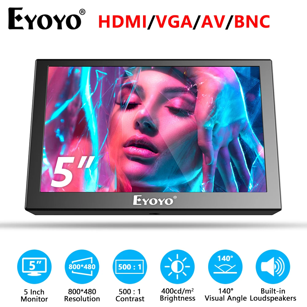 Eyoyo 5-дюймовый HDMI монитор, маленький портативный дисплей, разрешение 800x480, автомобильный TFT светодиодный экран заднего вида с видеовходом HD/VGA/AV/USB, портативный монитор, монитор компьютерный