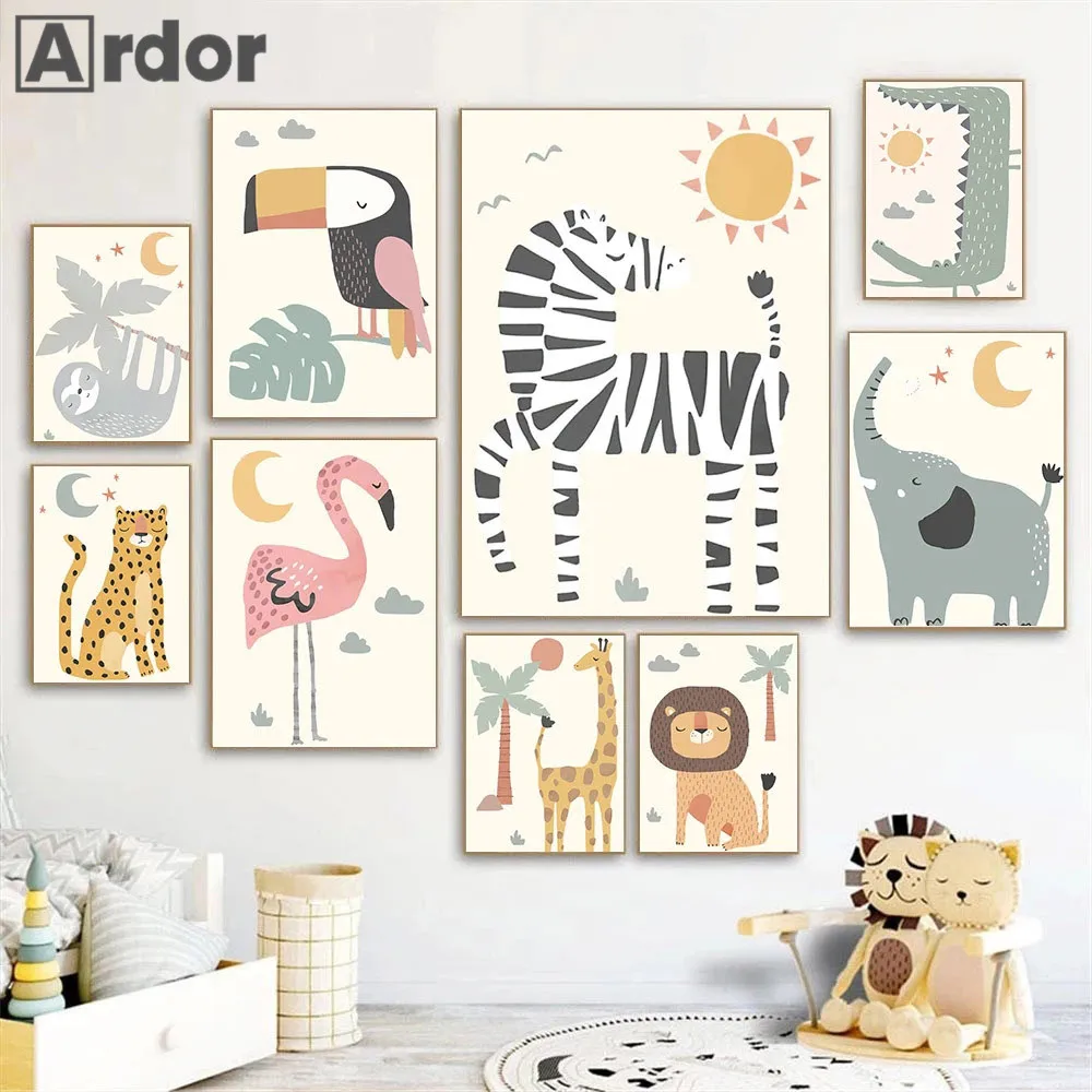 

Woodland Lion Elephant Poster Nursery Canvas Print Zebra Giraffe Painting Jungle Animals Wall Art Picture Nordic Kids Room Decor