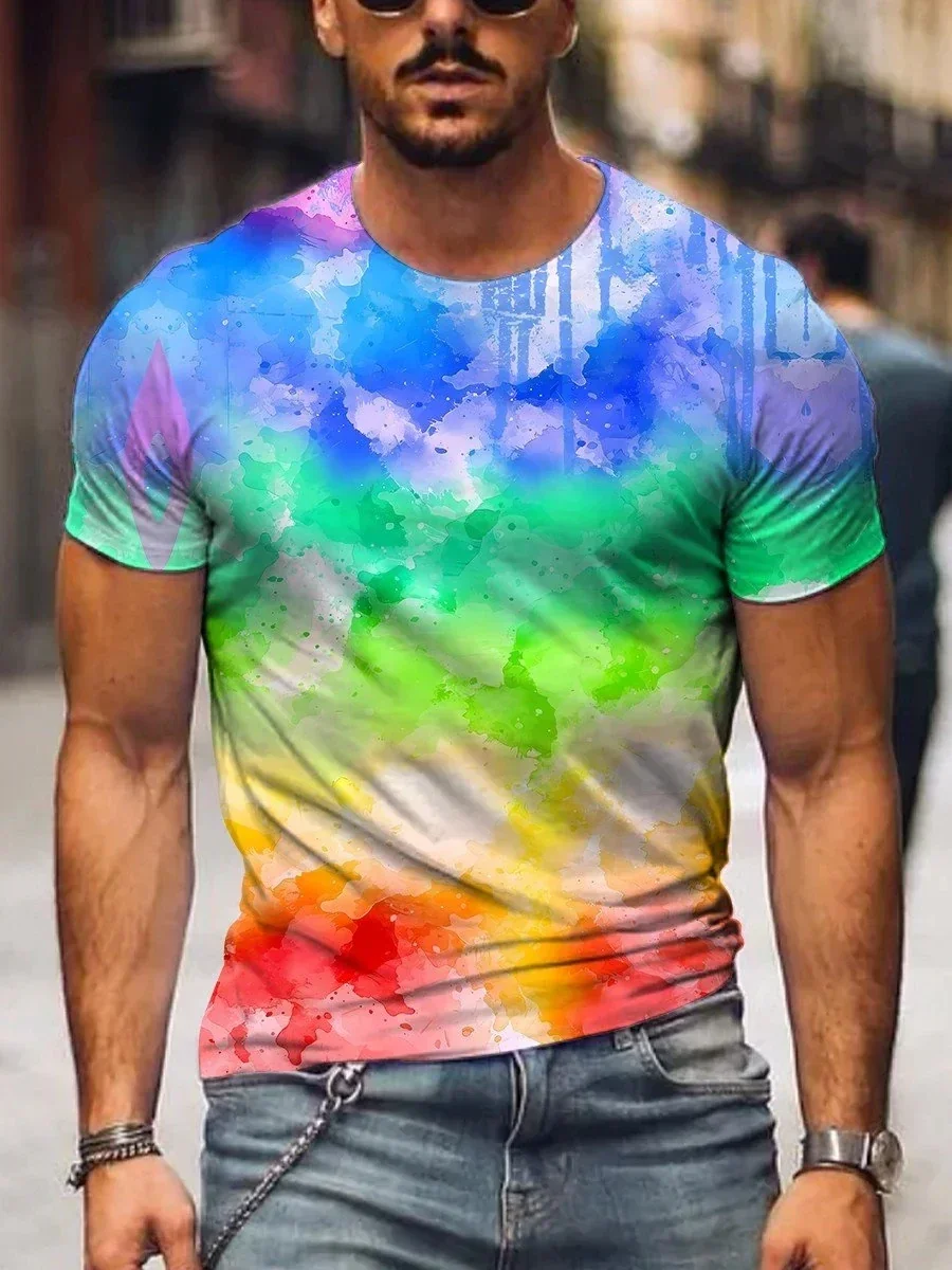 Мужская футболка с круглым вырезом коротким рукавом и принтом радуги