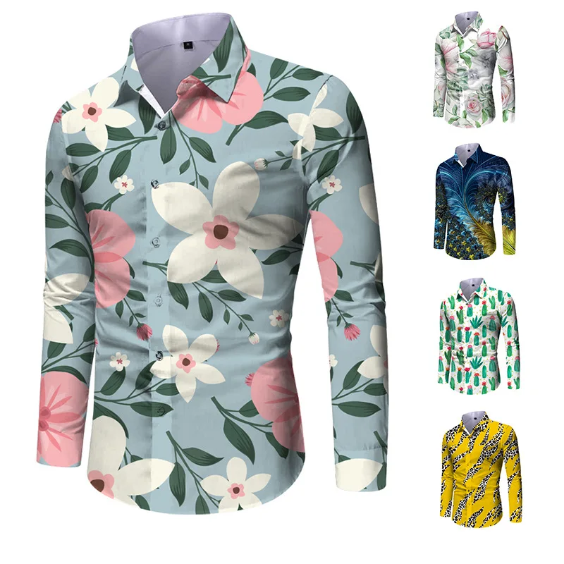 

2023 New Spring and Autumn European American Men's Shirt Men's Fashion Printed Long-sleeved Single-breasted Lapel Shirt