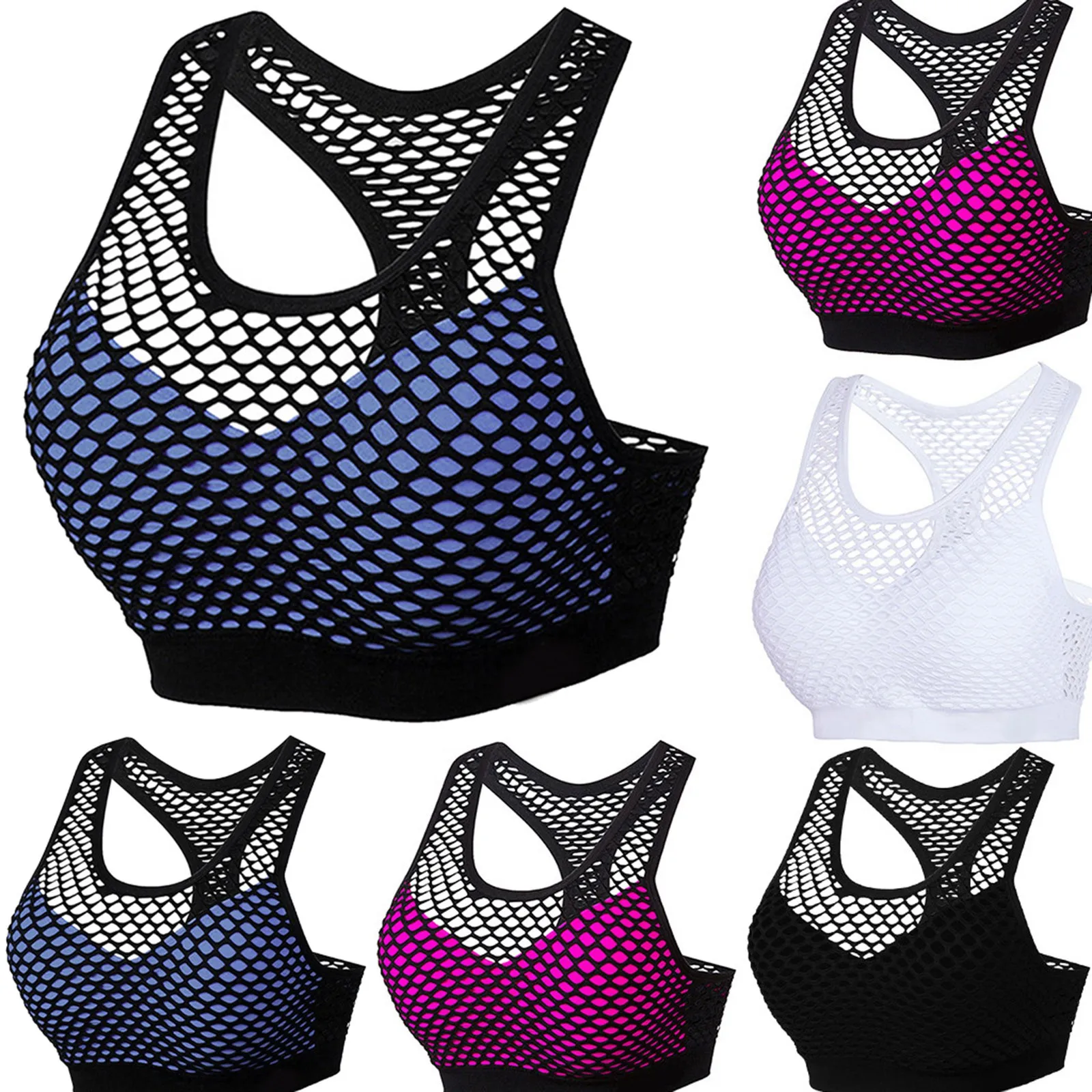 

Woman Sexy Running Yoga Bras Dry Breathable Back Fitness Lady Tops Mesh Hollow Contrasting Color Sports Bra Fitness Yoga Clothes