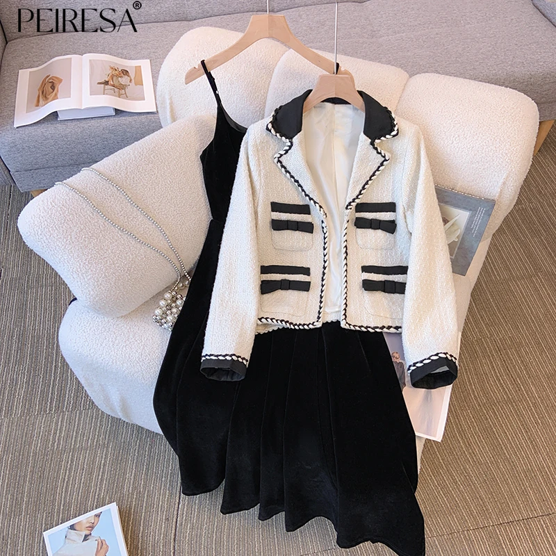 

PEIRESA Celebrity High-end Dress 2 Piece Set Women 2023 Autumn New Spaghetti Strap Sleeveless Dresses Contrast Color Tweed Tops