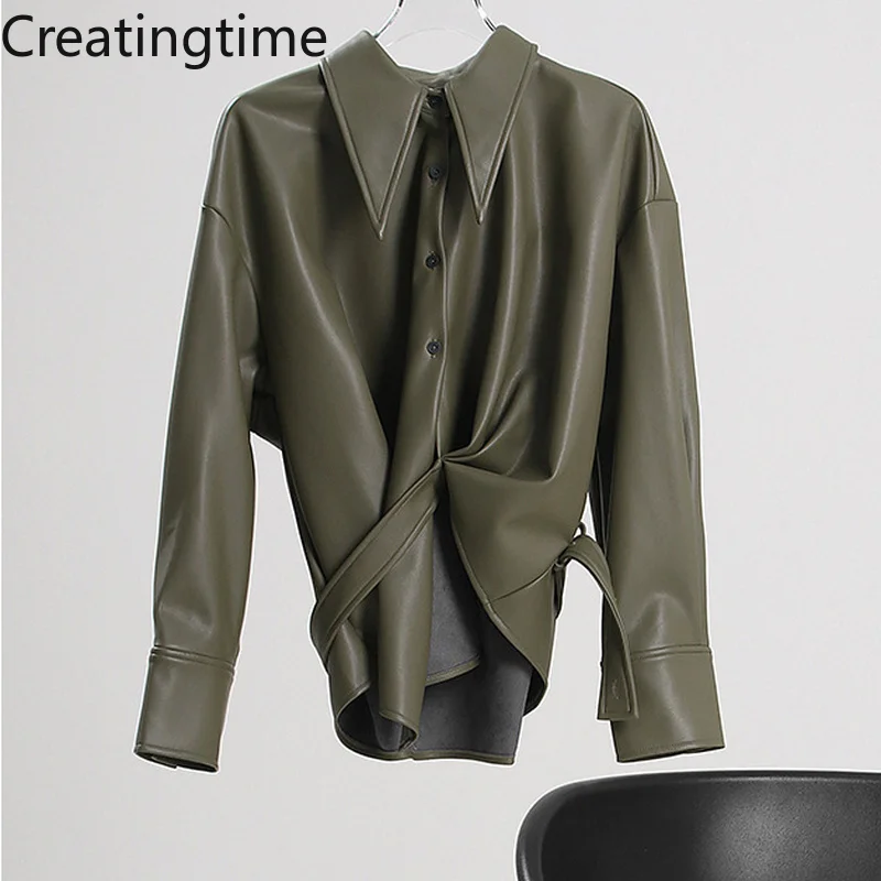 

Creatingtime 2022 Spring New Olive Green Lapel Asymmetric PU Leather Shirt Jacket Temperament Slim Coat Fashion Women GA922