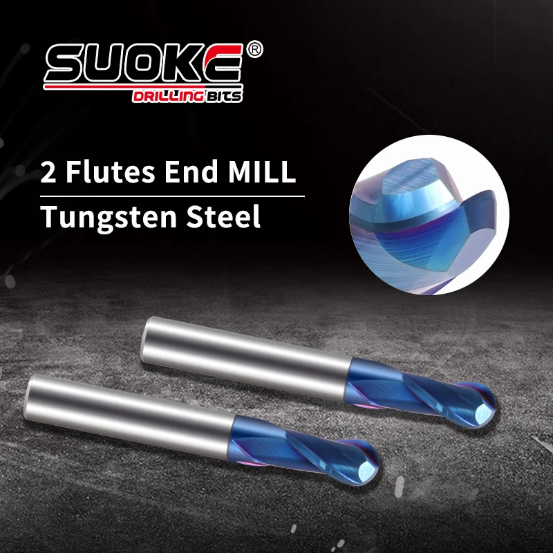 

SUOKE HRC65 2 Flutes Ball Nose End Mill With Blue Coating Carbide Tungsten Steel Milling Cutter R3-R10 Cutting Tool CNC Machine