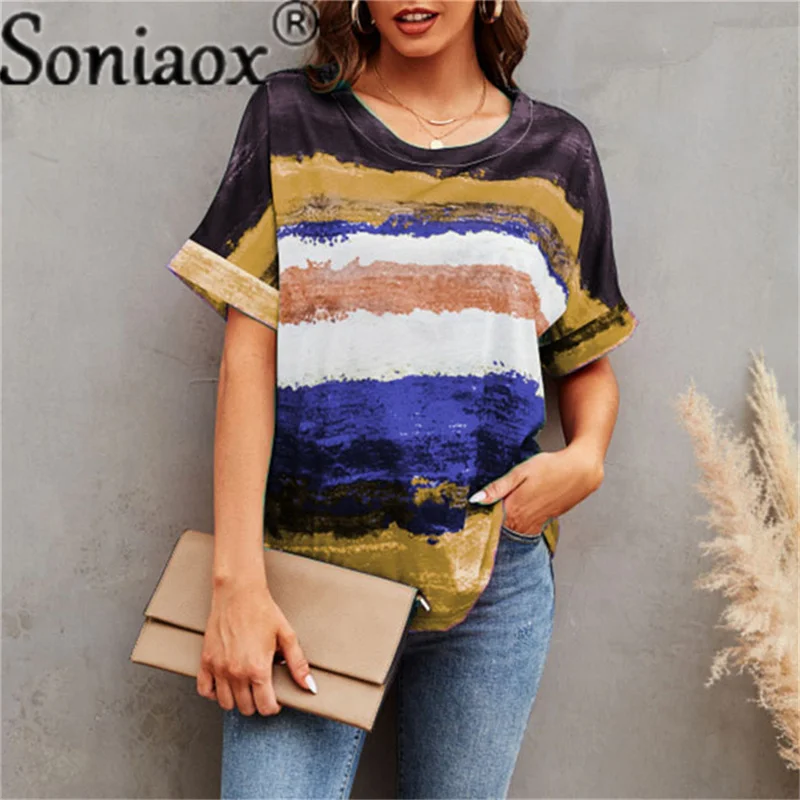 Женская Повседневная футболка с градиентным принтом винтажная свободная