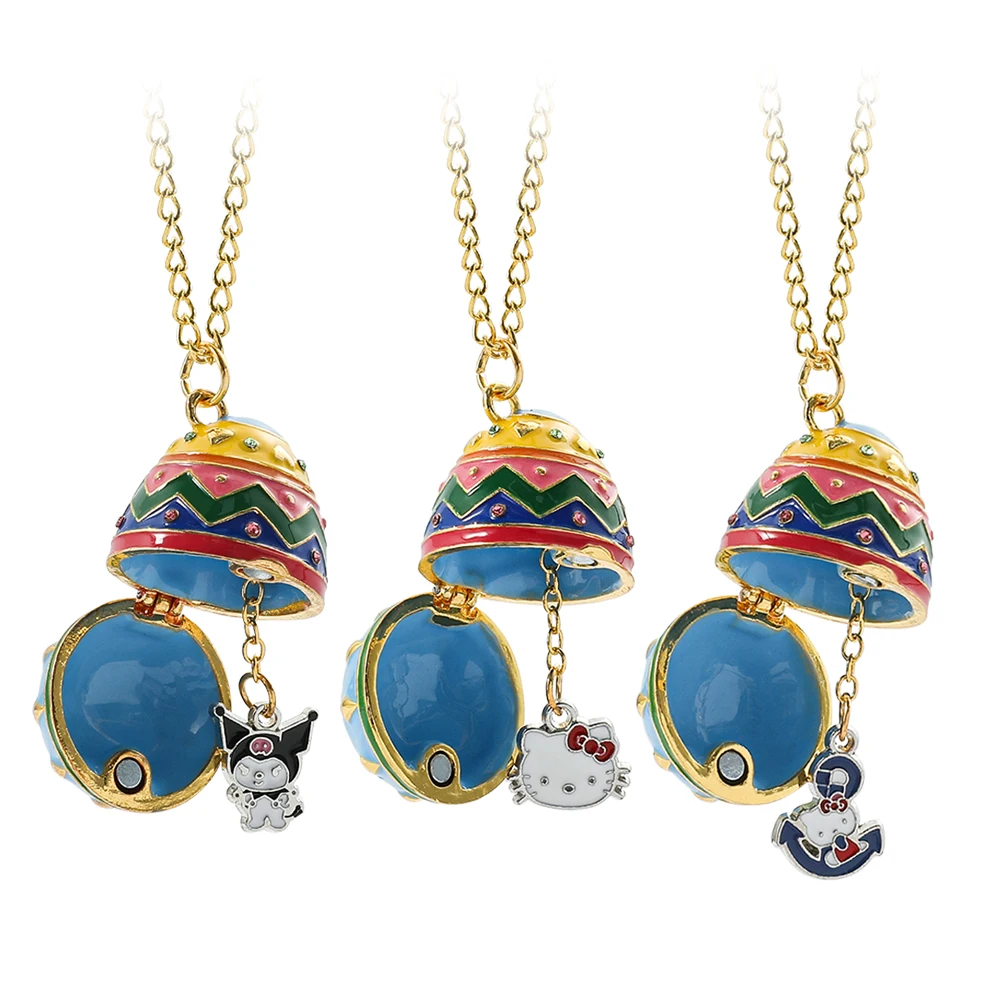 

Sanrio Faberge Easter Eggs Necklace Enamel Handmade Kawaii Hello Kitty Kuromi Pendant Necklaces Can Open Neck Chains Y2k Jewelry