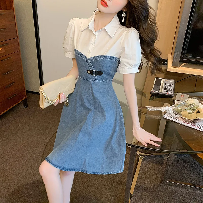 

Fashion High Korean Style Skirt 2022 Summer New Patchwork Denim Waist Dress Temperament Best-Selling Dress