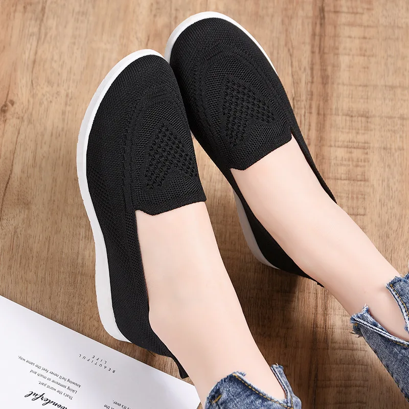 Simple Women Shoes Solid Color Knitting Ladies Flats Shoes Spring Autumn Pink Breathable Comfortable Rubber Sole Loafer Shoes