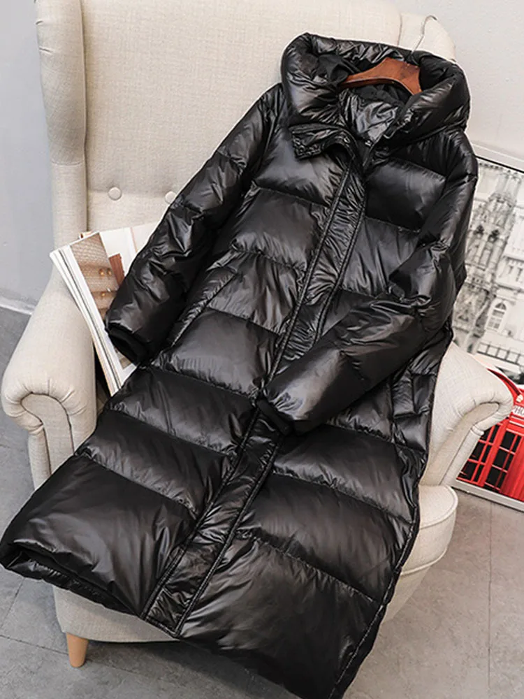 2022 New Down Jacket Women's Glossy Hight Quality Mid-length Hooded Parkas Thickened White Duck Down Warm Jacket Coat