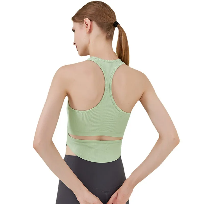 

Seamless Solid Color Stripe Sport Tank Top Sexy Crew Neck Women Fitness Bra Tights Yoga Vest Gym Workout Training With Chest Pad