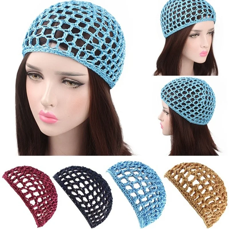 

2019 New Women's Mesh Hair Net Crochet Cap Solid Color Snood Sleeping Night Cover Turban Hat Popular Casual Beanie Chemo Hats