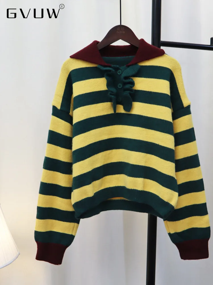 

Женский вязаный пуловер GVUW, свитер с длинным рукавом и капюшоном в полоску, модная свободная повседневная женская одежда в Корейском стиле ...