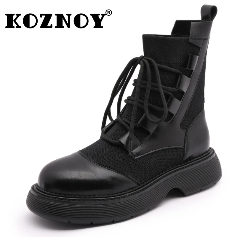 

Koznoy 4cm 6cm New Sock British Ankle Mid Calf Booties Autumn Spring Stretch Genuine Leather Woman Elastic Knitted Slipon Shoes