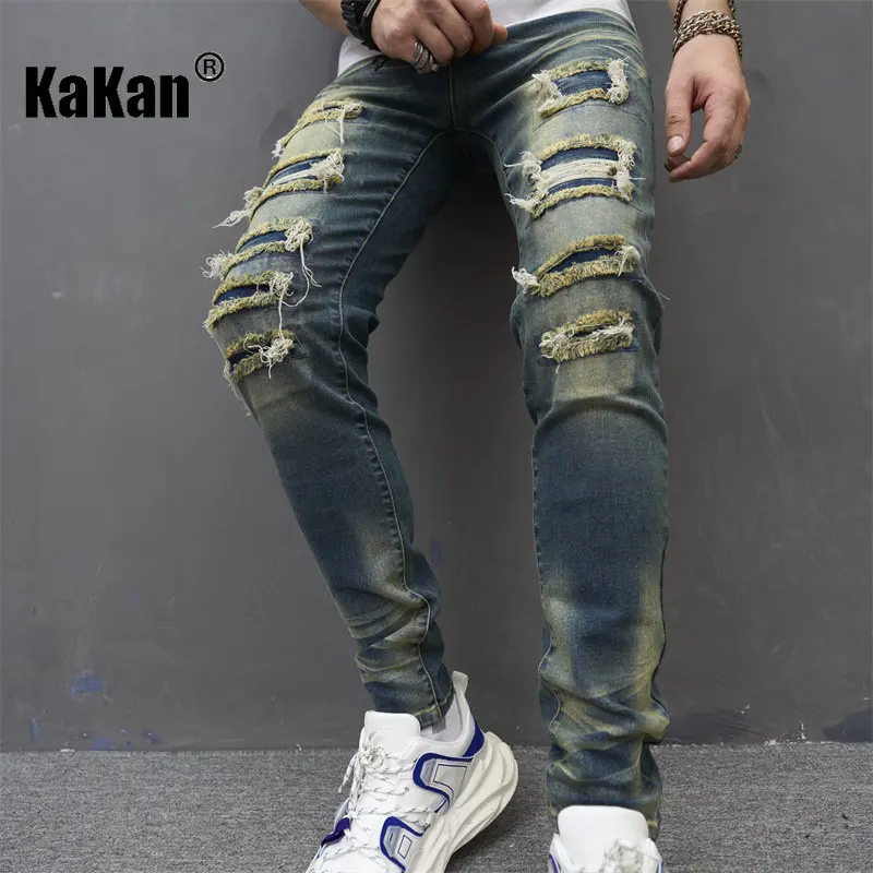 Kakan - New European and American Distressed and Worn Patch Jeans for Men, Slim Fitting Stretch Trendy Long Jeans K013-629