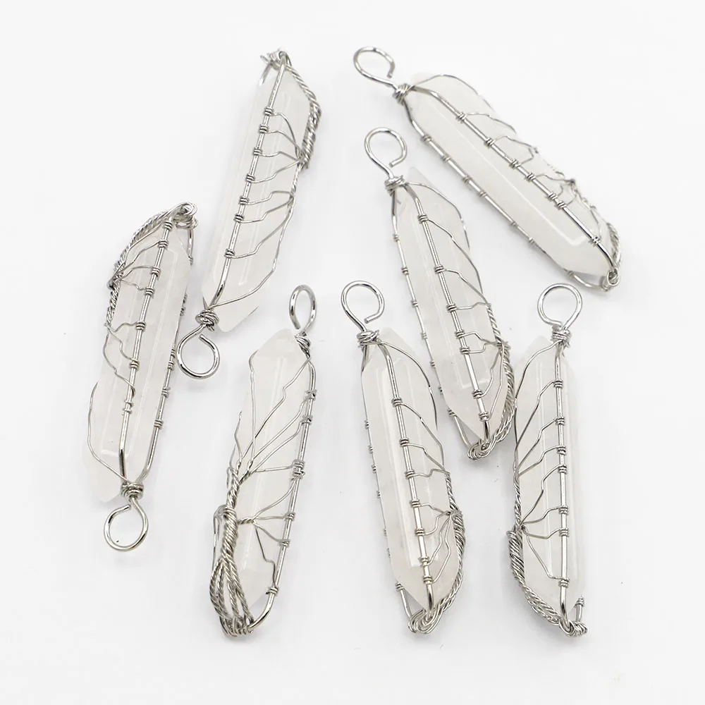 

Natural White Crystal Pillar Handmade Silver Wire Wrapped Willar Pendants Necklace Fashion Charms Jewelry Marking Wholesale 6Pcs
