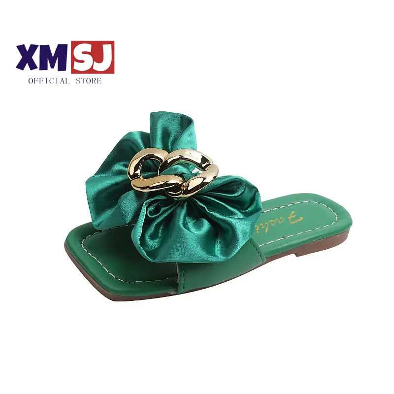 

2022 Summer New Korean Style Girls Bow Soft with Metal Versatile Green Slippers Casual Square-toe Open-toe Dress Beach Sandals