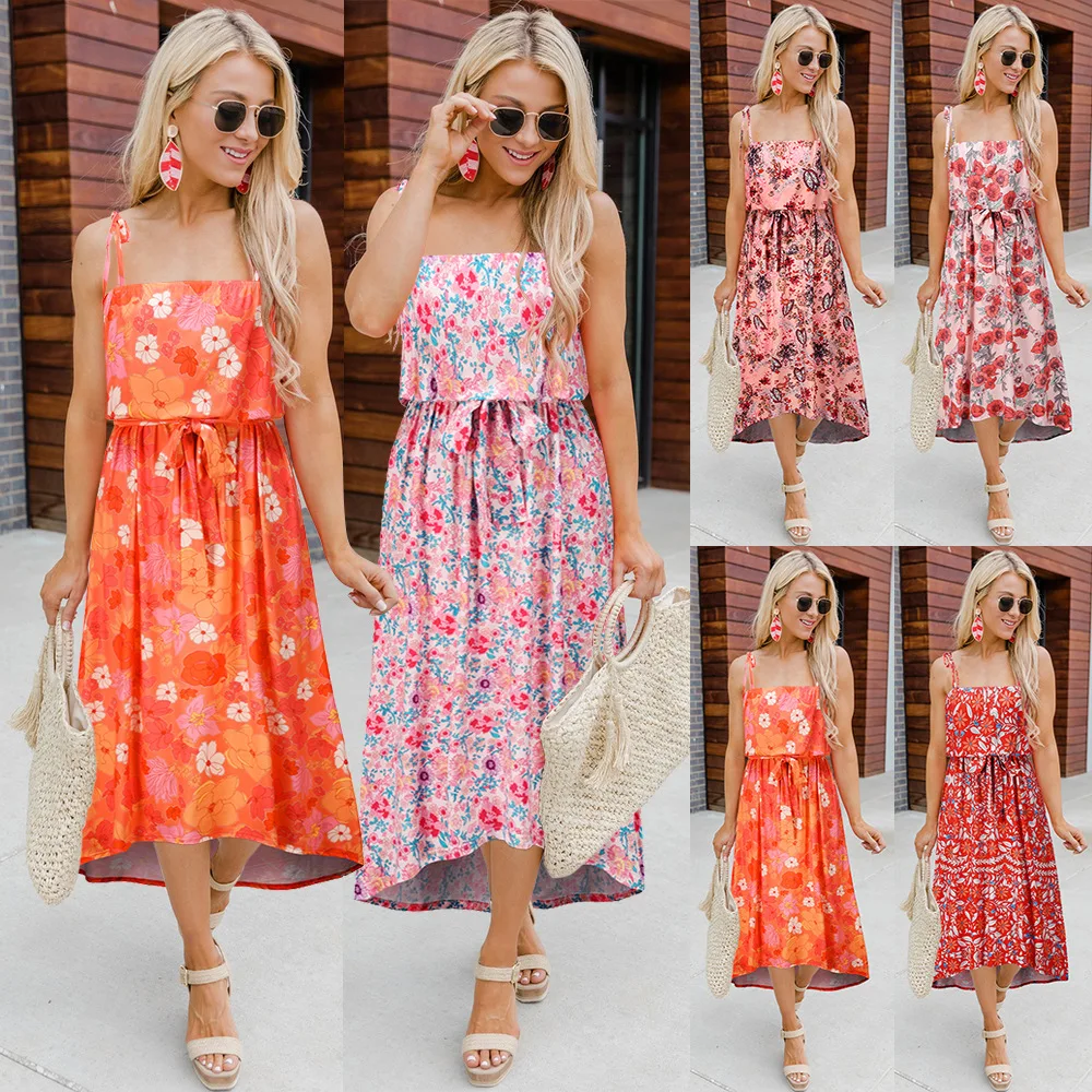 

2022 Summer Dresses for Women Floral Cami A-Line Sweet Casual Daily Dress Sleeveless Slash Neck Collar