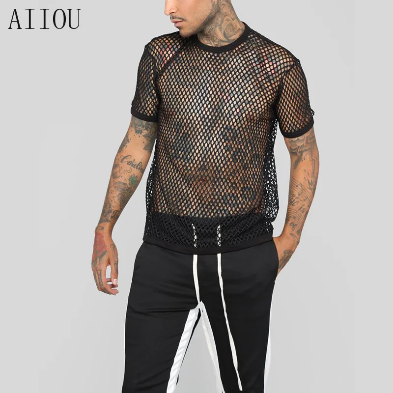 

AIIOU Mens Sexy Undershirts Gay Sheer Fishnet GYM Muscle Tank Top Men Vest Ice Silk Men See Through Sexy Fishnet Shirt Clothing